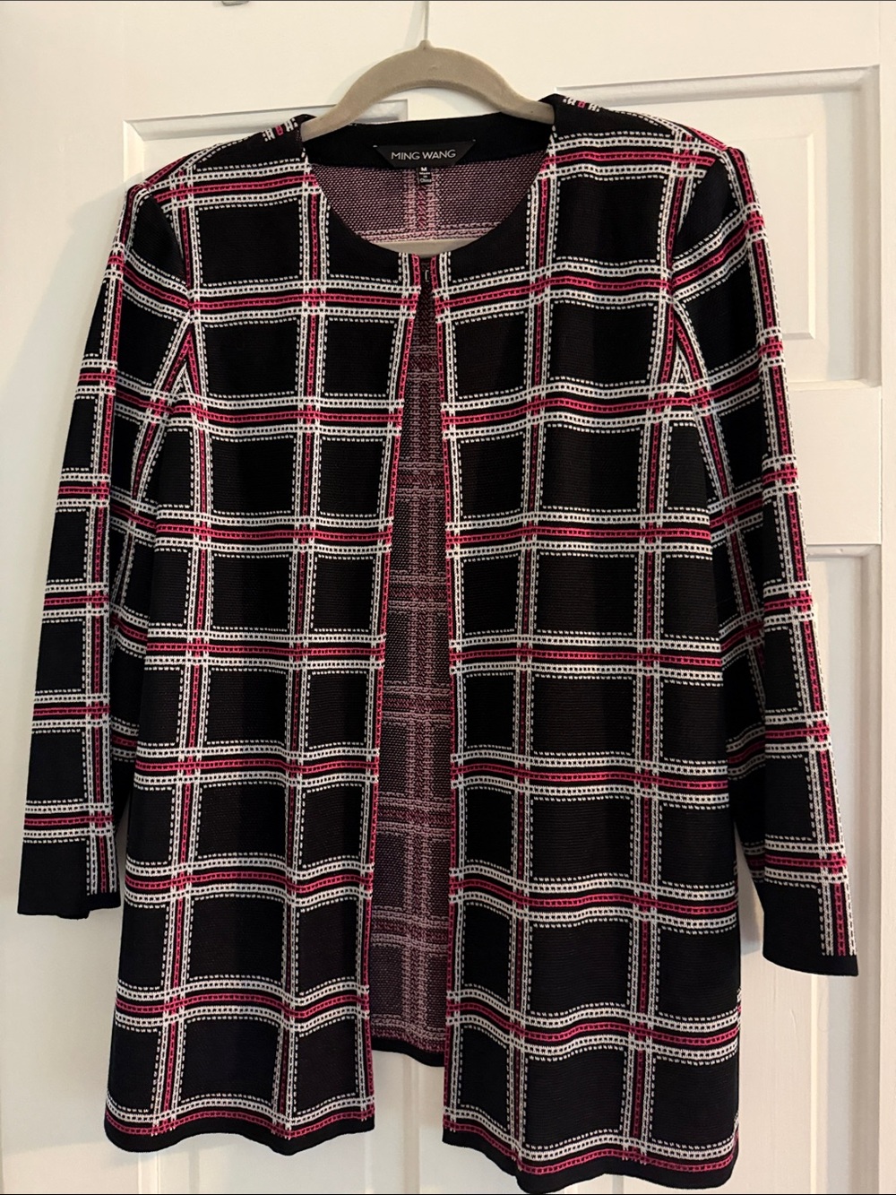 Ming Wang Black Windowpane Open Cardigan with Pink Accents